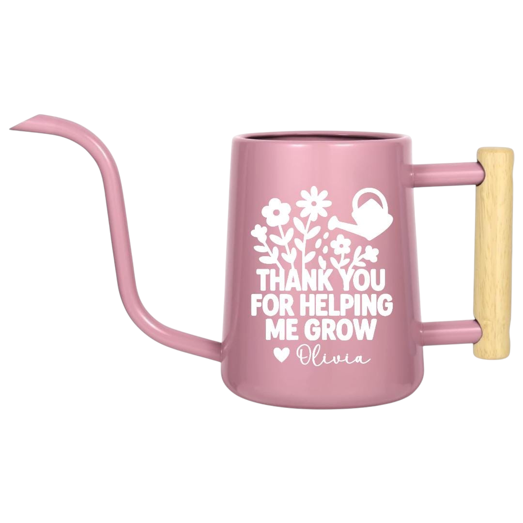 personalized metal watering can pink thank you for helping me grow for sale, soft rose pink galvanized steel, decorative design with engraved gratitude message, lightweight and durable construction, ideal for small indoor plants and delicate gardens, wonderful thank you present for gardening enthusiasts