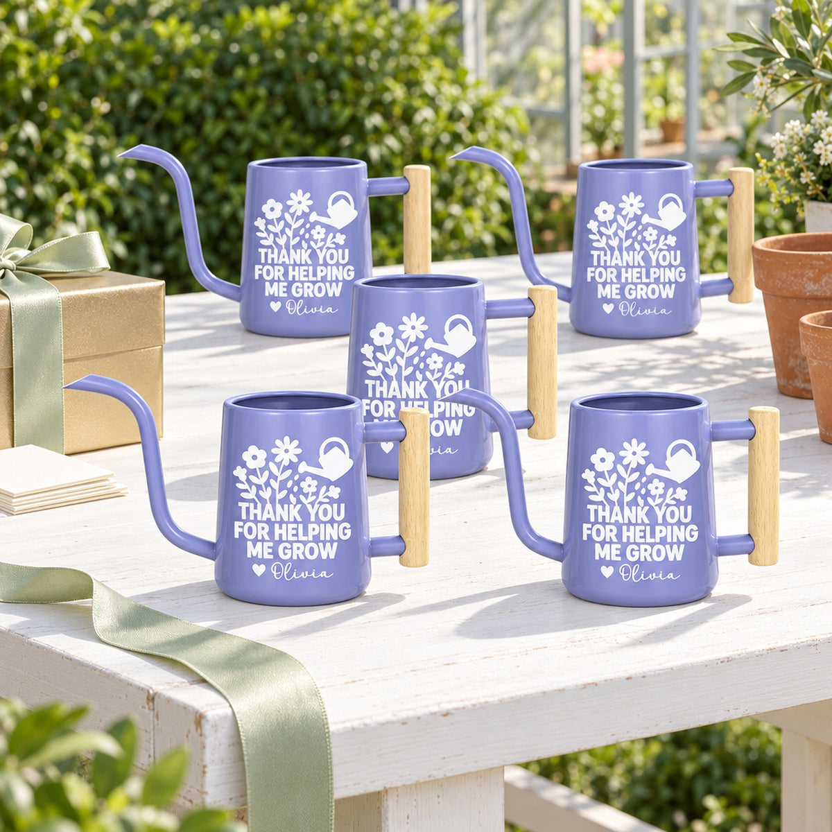buy Pack of Personalized Metal Watering Can - Thank You for Helping Me Grow 20-pack in purple online, vibrant plum coating with custom etching, mini portable dimensions, solid metal construction, ideal for instructor thank you tokens, beautiful housewarming gift