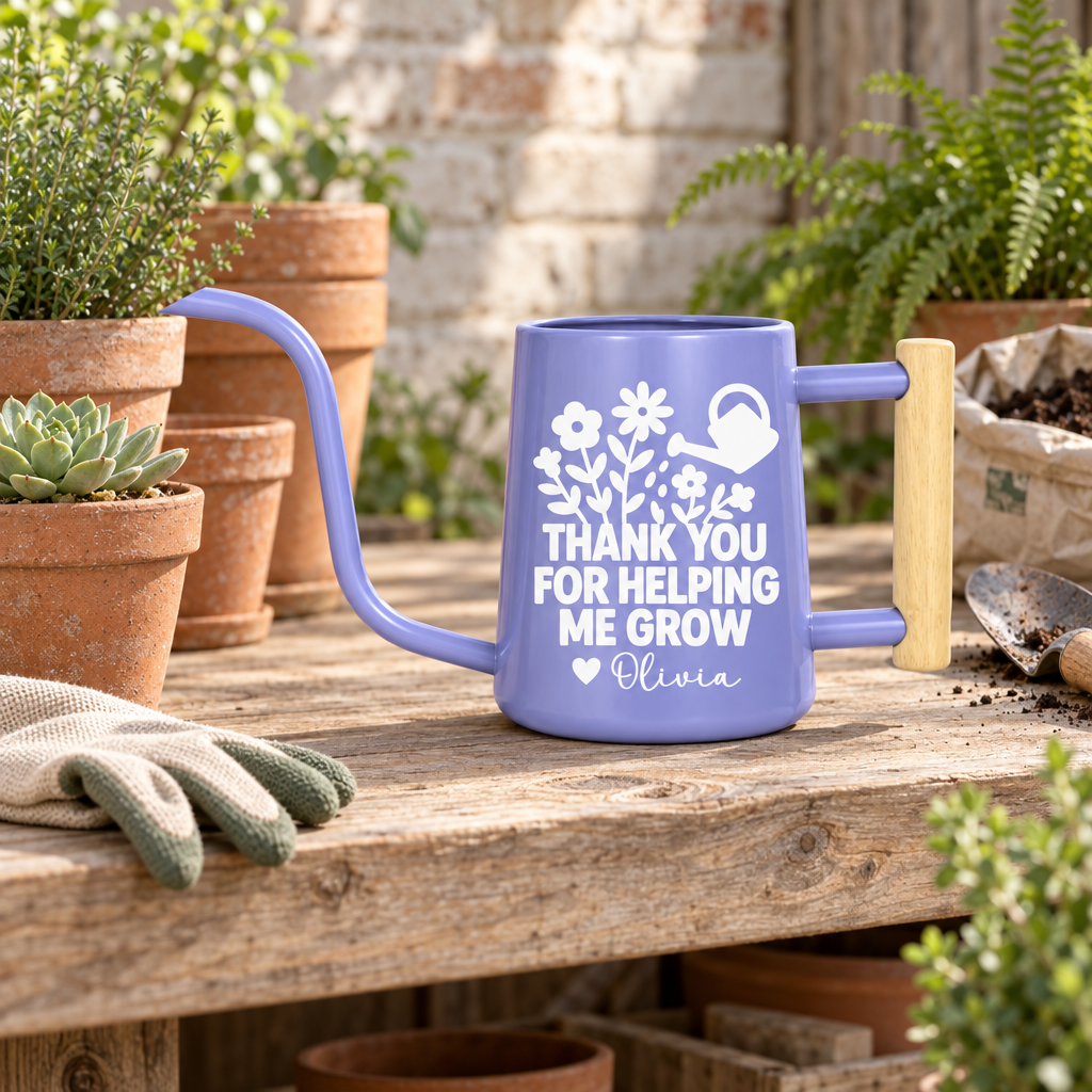 buy personalized metal watering can black thank you for helping me grow online, professional-grade black steel with long-reach spout, 2.5-gallon capacity for larger gardening needs, custom engraved text for personal touch, perfect for vegetable gardens and landscaping projects, meaningful gift for mentors and gardeners