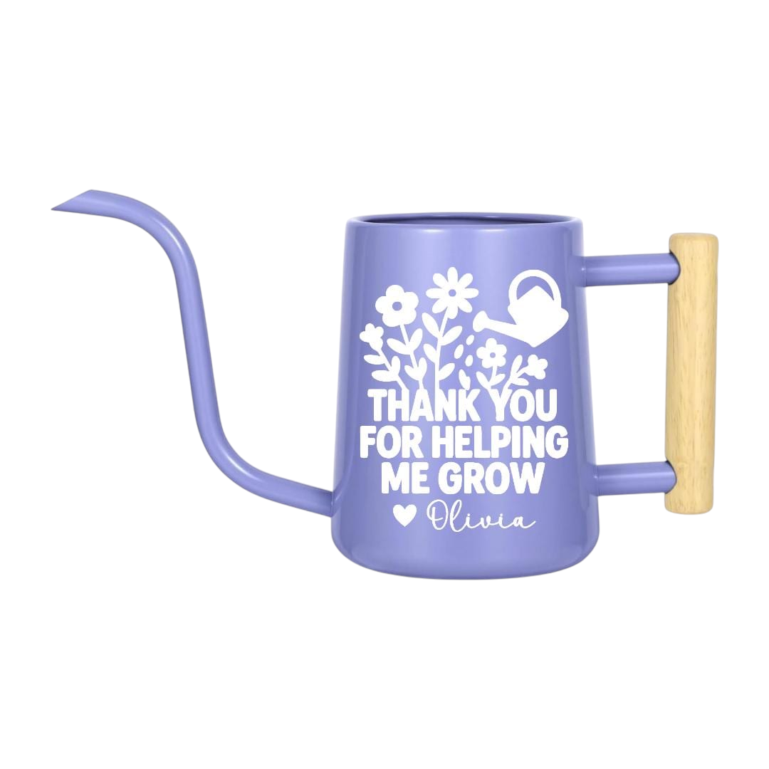 personalized metal watering can gray thank you for helping me grow for sale, industrial gray metal finish with smooth rounded edges, includes detachable rose head for gentle watering, personalized engraving celebrates appreciation, great for greenhouse and nursery use, thoughtful gift for botanical enthusiasts