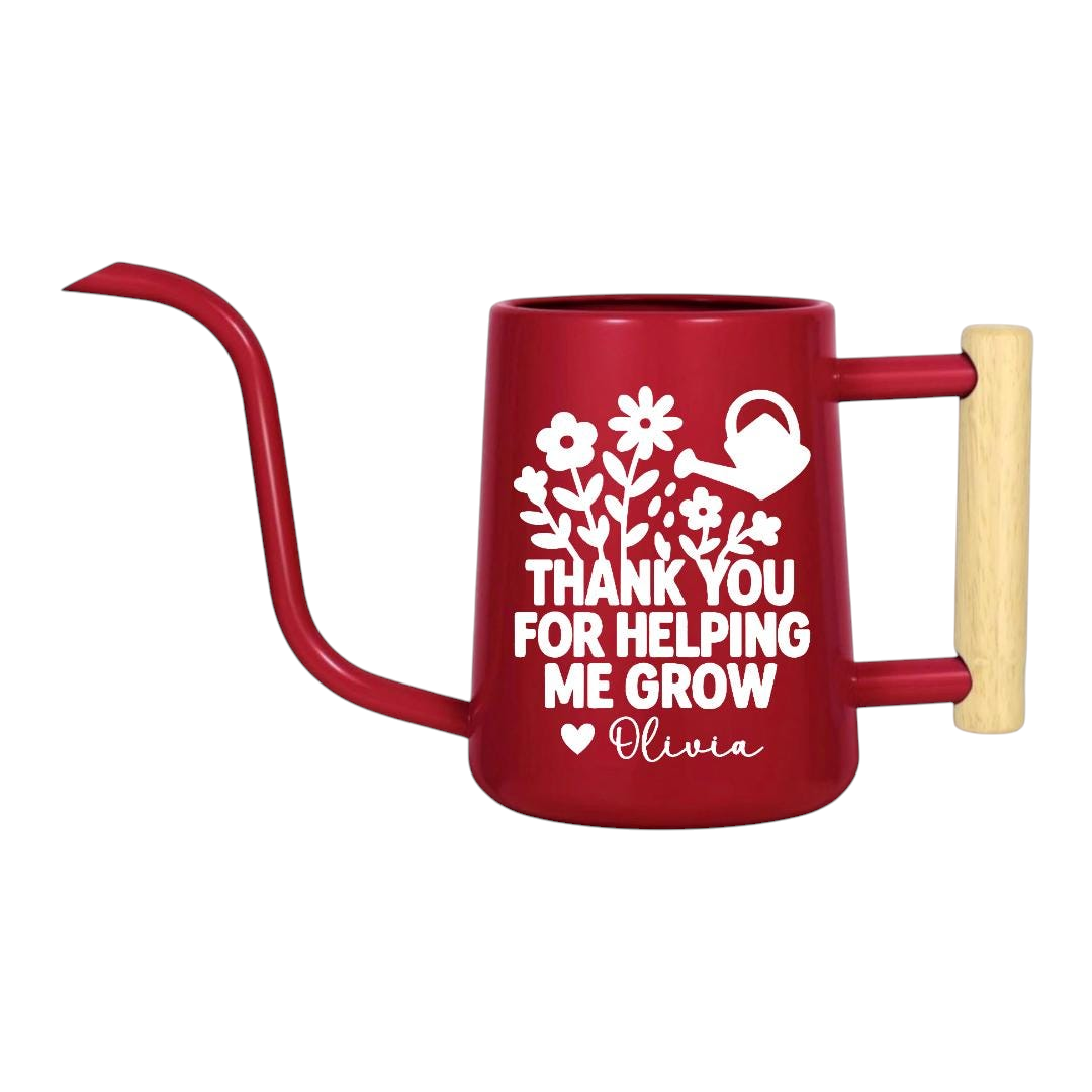 personalized metal watering can thank you for helping me grow orange for sale, vibrant orange metal construction, long spout for precision watering, lightweight portable design, perfect for balcony gardens and potted flowers, thoughtful appreciation gift for colleagues