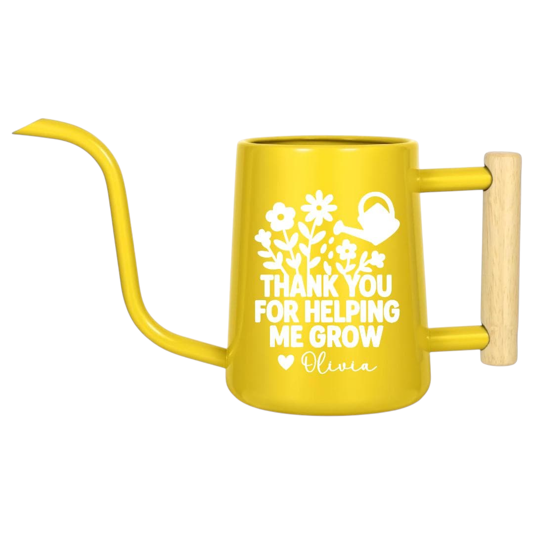 personalized metal watering can thank you for helping me grow pink for sale, soft pink enamel coating, vintage-inspired spout design, dual-capacity options available, great for delicate flower watering and garden decor, charming gift for growth partners