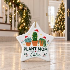 porcelain personalized plant mom christmas ornament for sale, fine porcelain craftsmanship with personalized text, smooth glazed surface, circle pot embellishment, perfect for holiday decorating and year-round display, cherished gift for plant enthusiasts