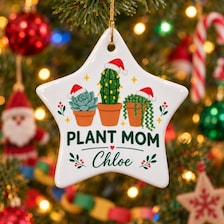 personalized plant mom christmas ornament for sale, custom name personalization with seasonal artwork, elegant finish and quality craftsmanship, star pot pattern detail, ideal for gifting to gardening enthusiasts, special keepsake for plant lovers