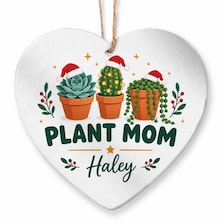 buy personalized plant mom christmas ornament online, custom personalized design with festive theme, durable material construction, heart-shaped pot accent, great for tree decoration and holiday celebrations, wonderful present for devoted plant moms
