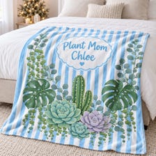 buy Personalized Plant Mom Striped Succulent Blanket live succulent 30x40in online, pastel-hued succulent design with charming striped pattern throughout, soft cozy woven fabric perfect for plant enthusiasts, vibrant botanical artwork celebrating plant parent culture, ideal for snuggling while tending your indoor garden, cozy plant lover's blanket accent for bedroom or living room, thoughtful personalized gift idea for succulent and plant enthusiasts