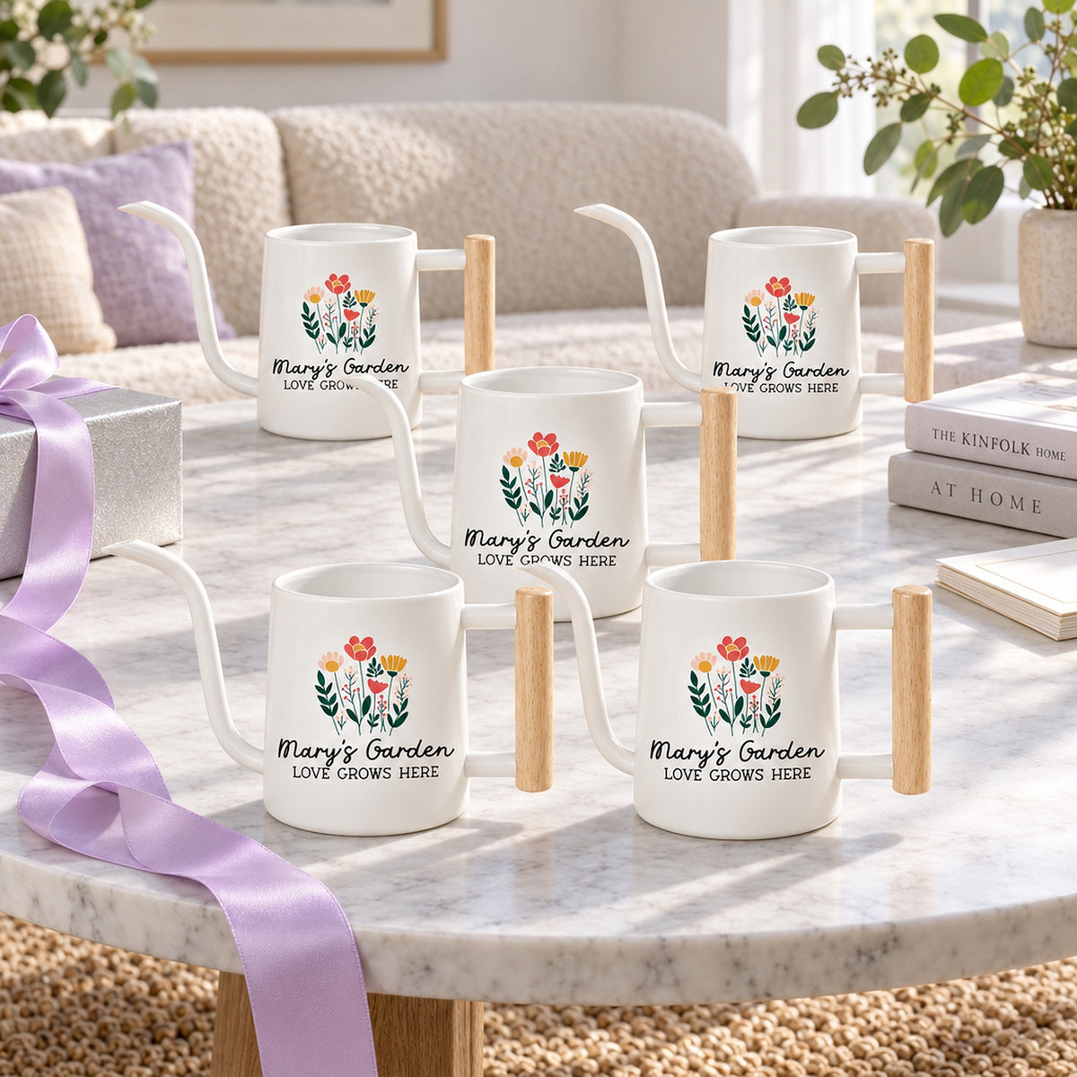 buy pack of personalized watering can boho floral metal online, durable galvanized metal construction, featuring a charming boho floral pattern in pastel shades, 1-gallon capacity, ideal for watering indoor and outdoor plants, thoughtful gift for gardeners