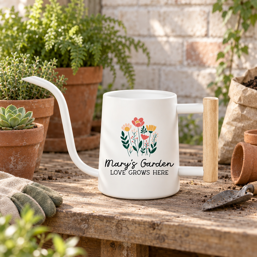 painted metal personalized watering can boho floral for sale, colorful wildflower and botanical illustration design, smooth matte finish with pastel and warm-toned accents, compact ergonomic handle for comfortable use, features custom name or text personalization, perfect for small houseplants and windowsill gardens, beautiful personalized housewarming or birthday gift