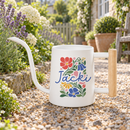 buy personalized watering can colorful floral painted metal design online, vibrant multicolor floral pattern with custom name detail, lightweight galvanized steel construction, compact elongated spout for precise pouring, cheerful cottage-garden aesthetic, ideal for indoor planters and potted arrangements, thoughtful personalized gift for gardeners