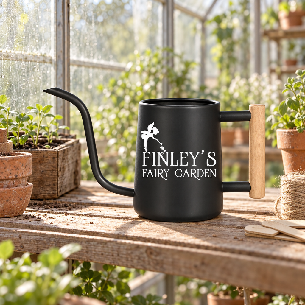 buy personalized watering can fairy garden custom black online, deep black finish with personalized engraving option, robust 2-liter form, corrosion-resistant frame, ideal for decorative fairy gardens and garden collections, thoughtful gift for outdoor gardeners