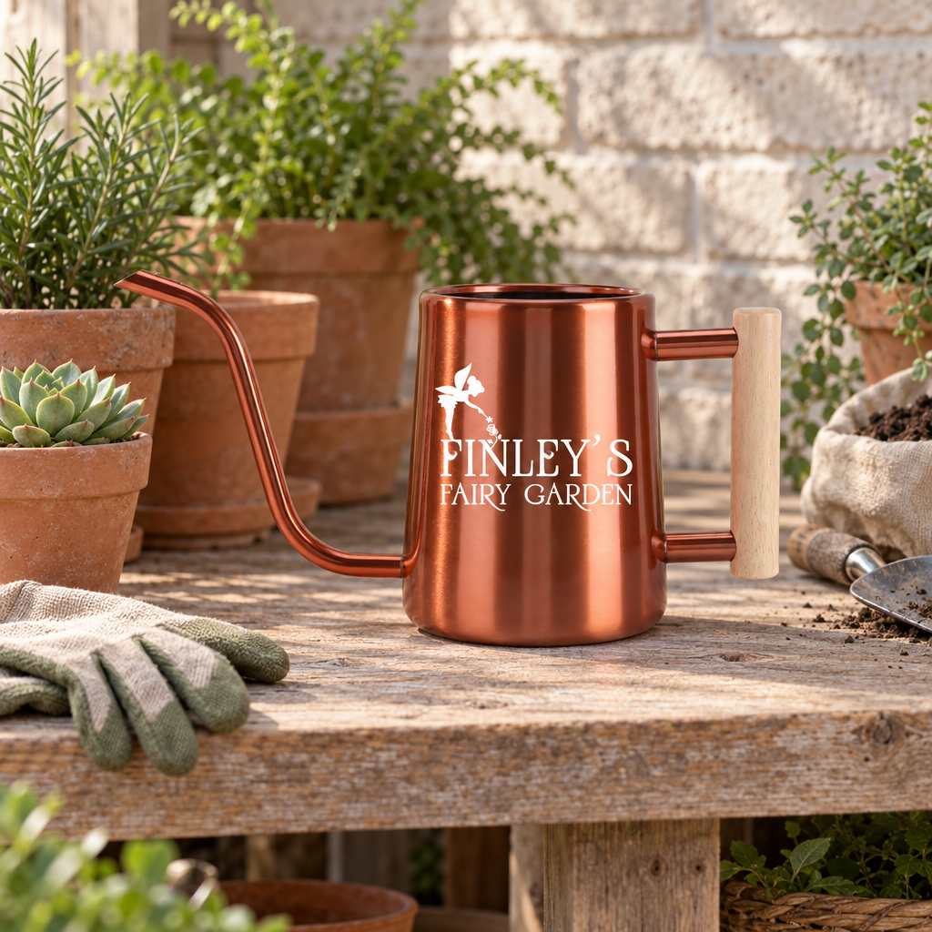 buy personalized watering can fairy garden custom black online, polished black exterior with personalized engraving, generous 2-liter holding capacity, reinforced spout design, perfect for whimsical fairy gardens and outdoor displays, special gift for garden decorators