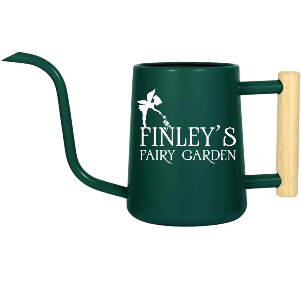 orange personalized watering can fairy garden custom for sale, vivid orange finish with personalized text option, streamlined 1.5-liter design, weather-resistant material, ideal for whimsical garden displays and balcony planters, wonderful gift for fairy garden lovers