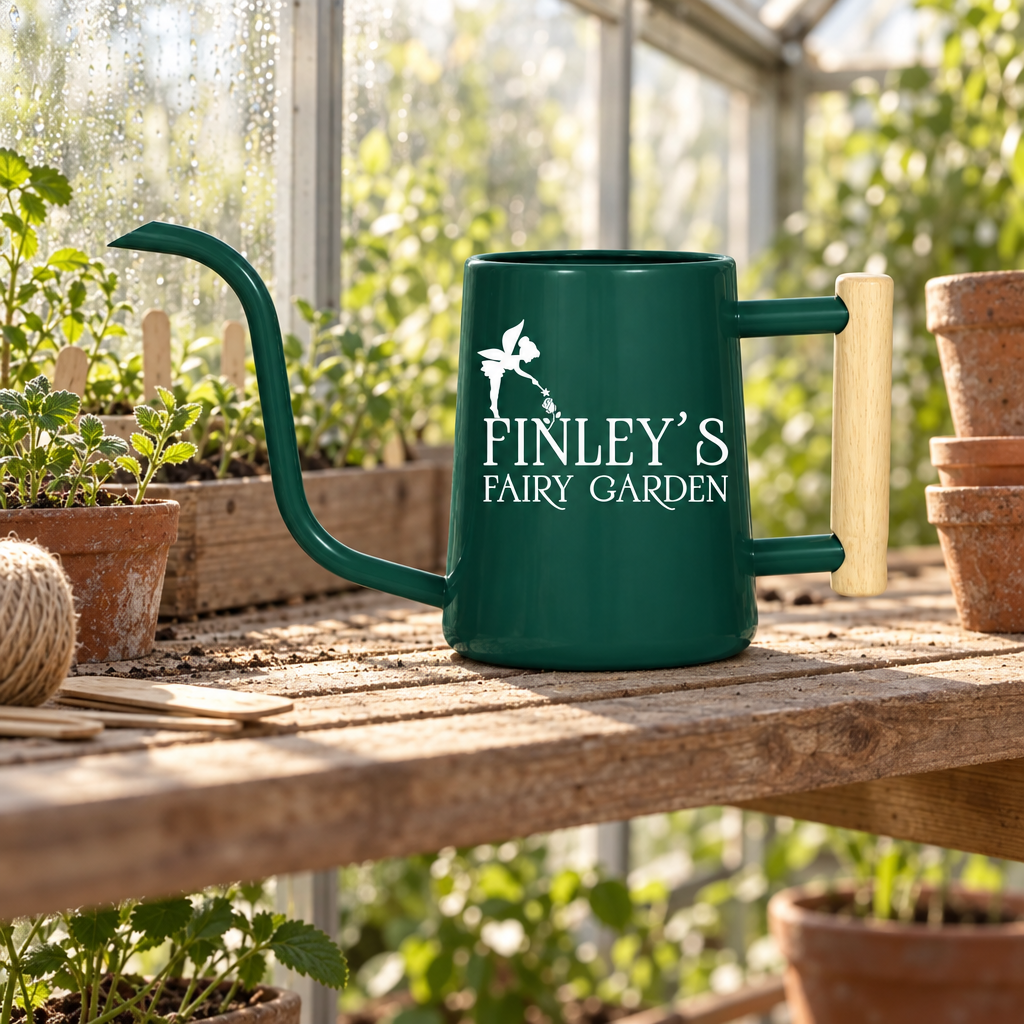 buy personalized watering can fairy garden custom black online, classic black coating with engraved customization, spacious 2-liter size, durable construction, great for outdoor fairy gardens and decorative arrangements, excellent gift for plant enthusiasts