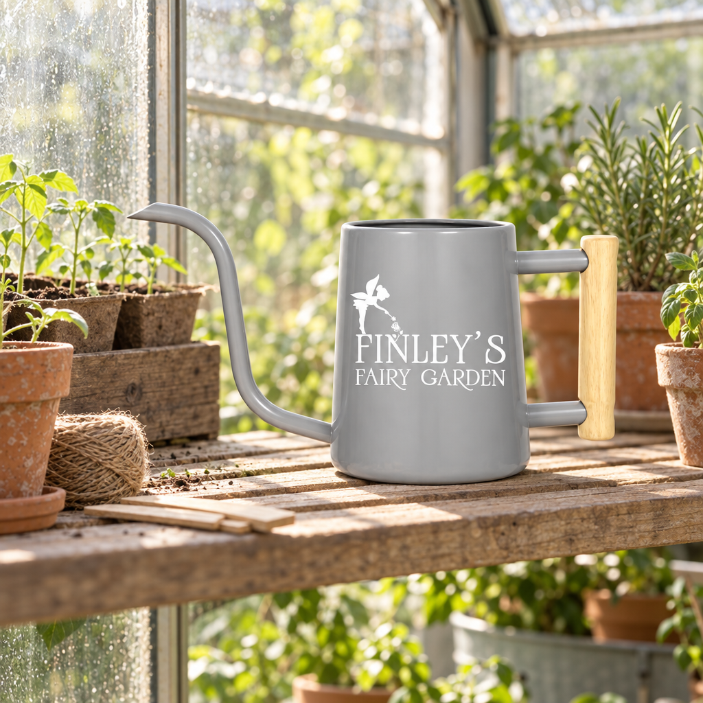 buy personalized watering can fairy garden custom gray online, elegant gray exterior with engraved customization, practical 2-liter design, premium protective finish, great for fairy garden themes and outdoor arrangements, perfect gift for garden enthusiasts and decorators