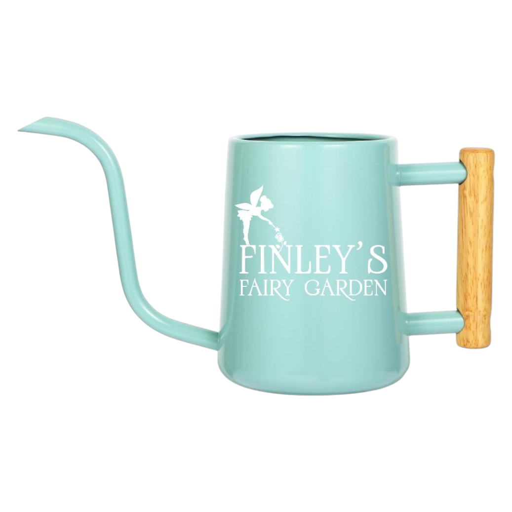 pink personalized watering can fairy garden custom for sale, soft pink exterior with custom personalization, adorable 1.5-liter capacity, fade and rust resistant, perfect for fairy garden displays and container gardening, delightful gift for creative gardeners