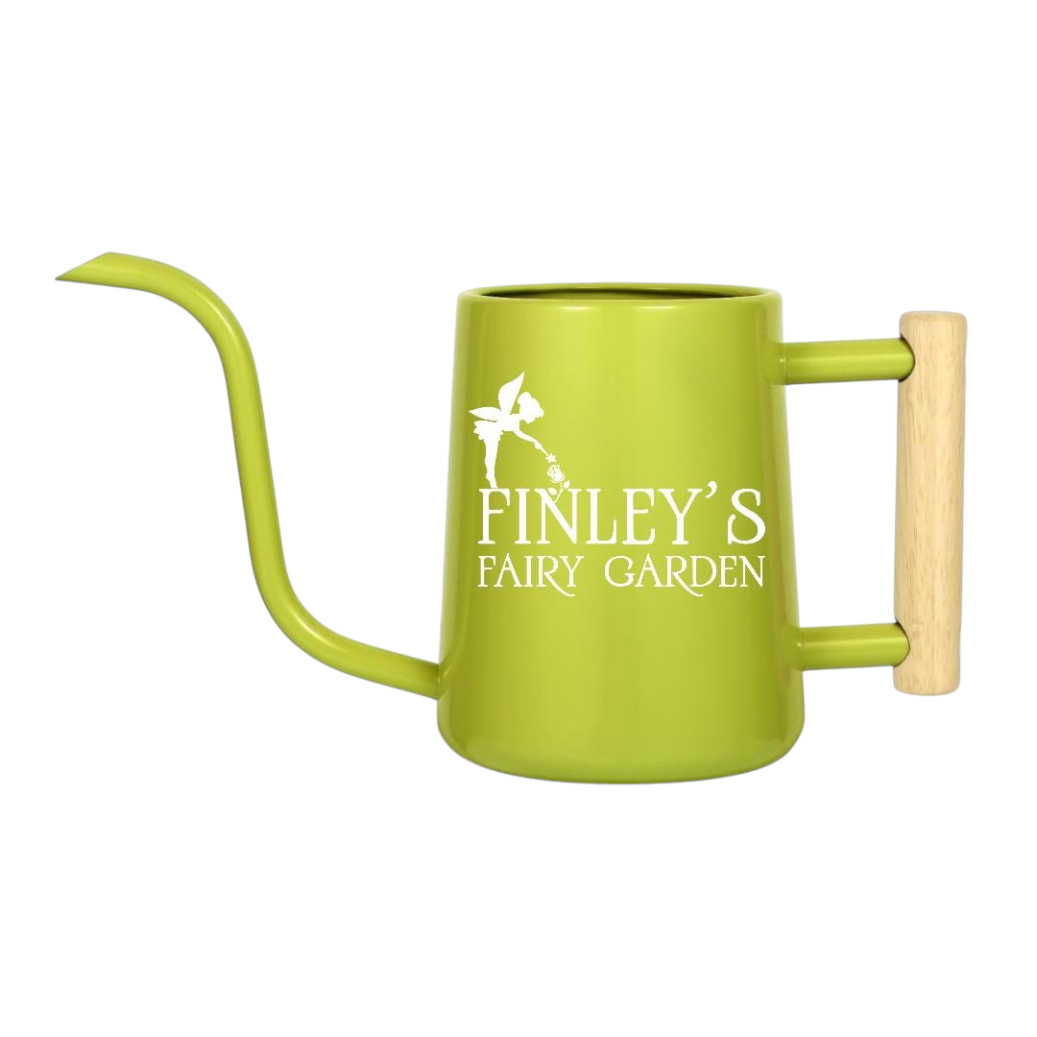 pink personalized watering can fairy garden custom for sale, elegant pink hue with custom name or message, petite 1.5-liter capacity, weather-resistant material, perfect for enchanted fairy gardens and container watering, charming gift for garden decorators