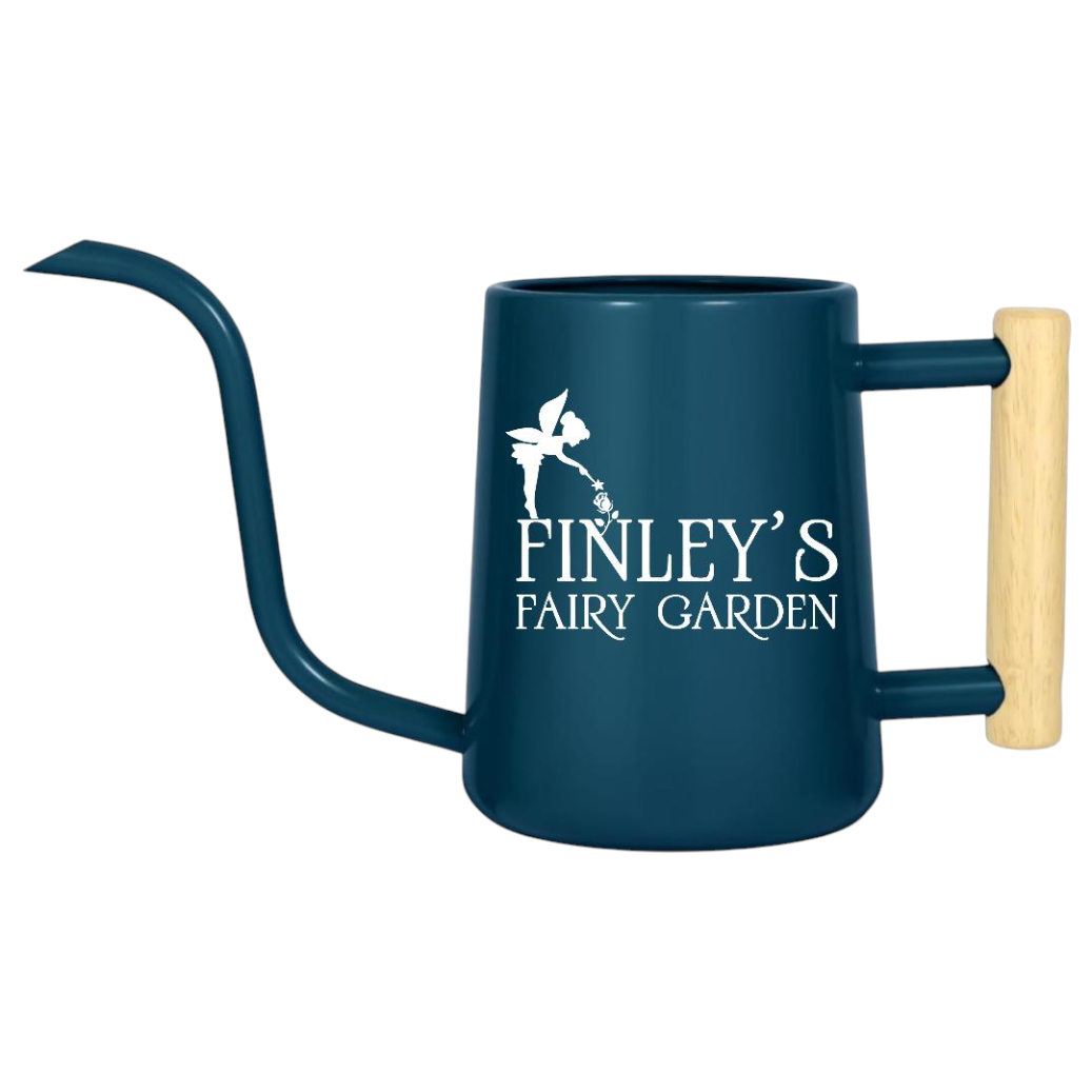 pink personalized watering can fairy garden custom for sale, lovely pink hue with engraved personalization, charming 1.5-liter volume, durable protective coating, great for miniature fairy gardens and whimsical outdoor spaces, special present for nature lovers
