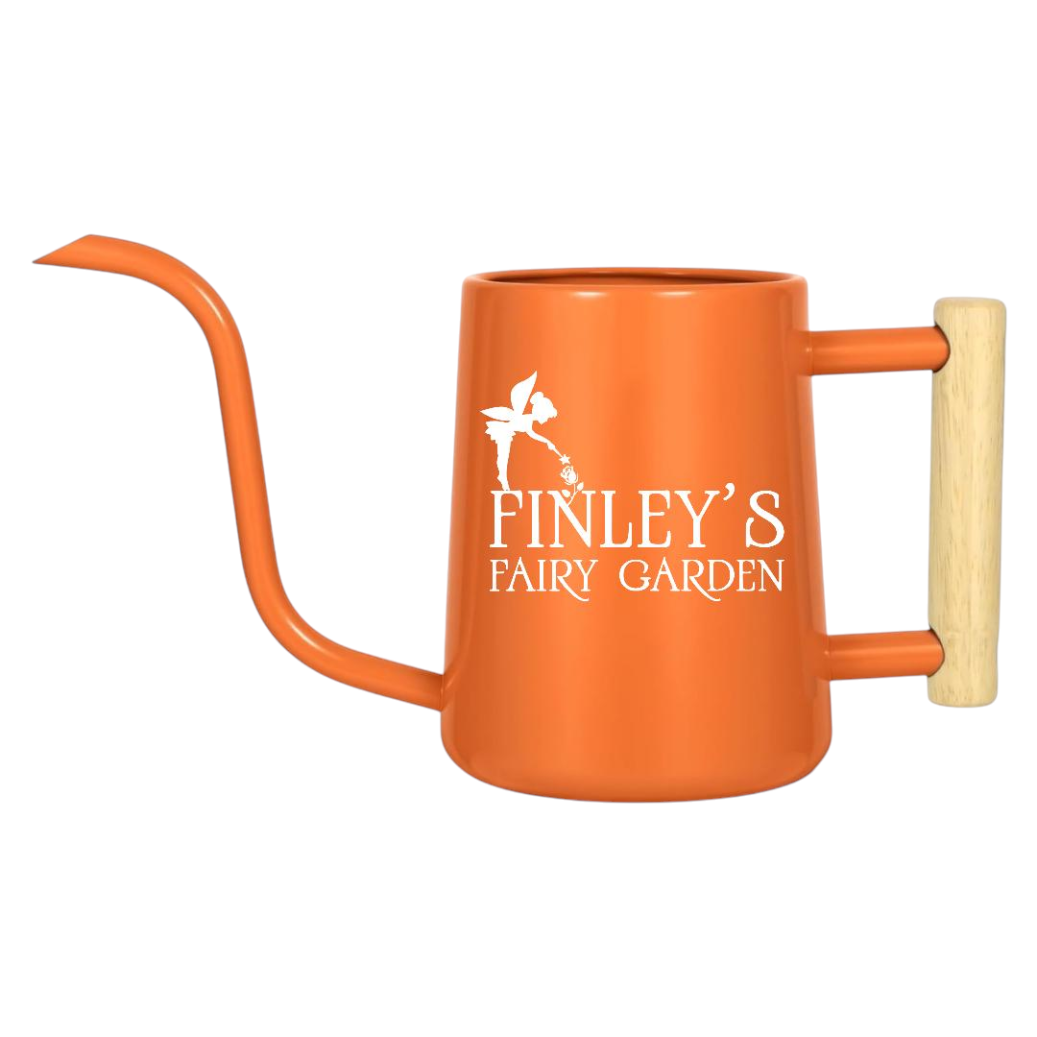 orange personalized watering can fairy garden custom for sale, vibrant orange coating with custom name or message, lightweight 1.5-liter design, weather-resistant finish, perfect for outdoor container gardens, thoughtful gift for gardeners and fairy garden collectors