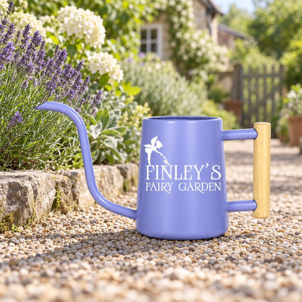 buy personalized watering can fairy garden custom black online, sleek black body with personalized text, spacious 2-liter design, heavy-duty metal frame, ideal for fairy garden collections and container gardening, excellent gift for creative plant enthusiasts