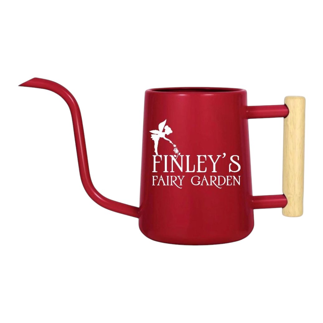 orange personalized watering can fairy garden custom for sale, bright orange surface with custom text or initials, compact 1.5-liter volume, durable galvanized metal, great for balcony gardens and fairy garden displays, wonderful gift for plant-loving friends
