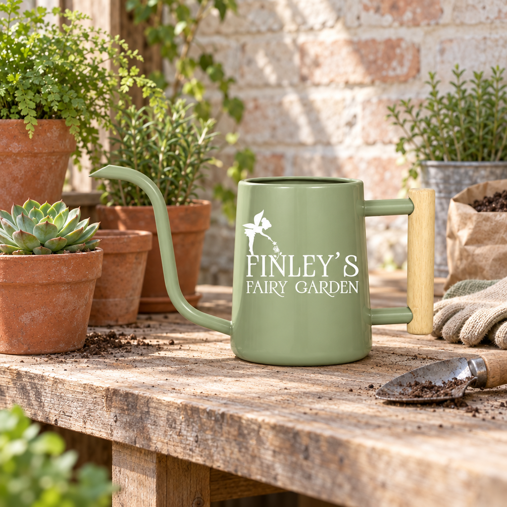 buy personalized watering can fairy garden custom gray online, understated gray finish with engraved personalization, versatile 2-liter capacity, long-lasting protective coating, great for outdoor garden displays and fairy garden themes, perfect gift for gardening aficionados