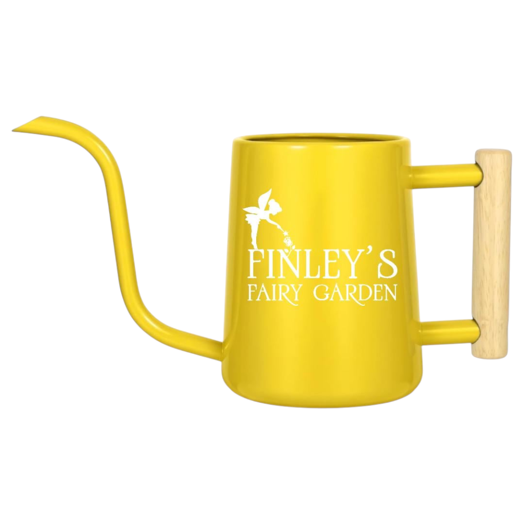 pink personalized watering can fairy garden custom for sale, soft pink exterior with custom engraving options, charming 1.5-liter size, rust-resistant coating, ideal for whimsical fairy gardens and flower beds, delightful gift for creative gardeners