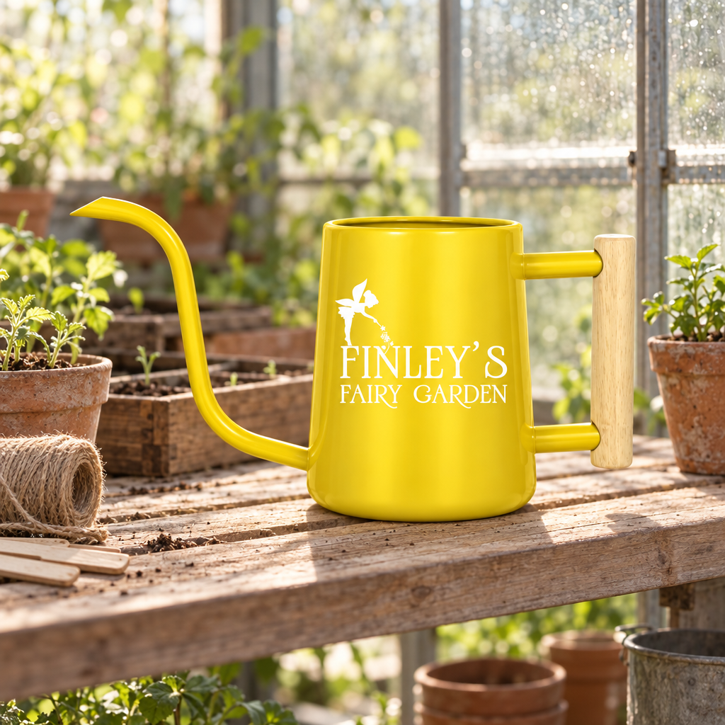 buy personalized watering can fairy garden custom gray online, neutral gray matte surface with personalized details, practical 2-liter capacity, sturdy steel body, great for small raised beds and potted arrangements, meaningful gift for garden lovers