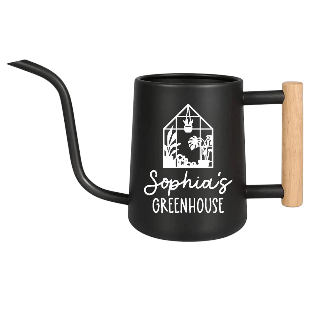 personalized watering can greenhouse custom pink for sale, elegant soft pink powder-coated surface with personalized greenhouse design, 2-gallon capacity with precision pour spout, lightweight aluminum construction, perfect for delicate indoor plants and herb gardens, unique gift for gardening enthusiasts