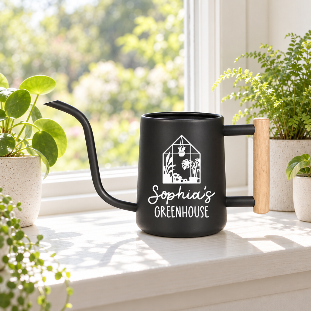 buy personalized watering can greenhouse custom gray online, sophisticated charcoal gray finish with custom engraving option, reinforced metal body with comfortable grip handle, 2-gallon capacity perfect for medium gardens, ideal for decorative and functional garden use, beautiful gift for plant lovers