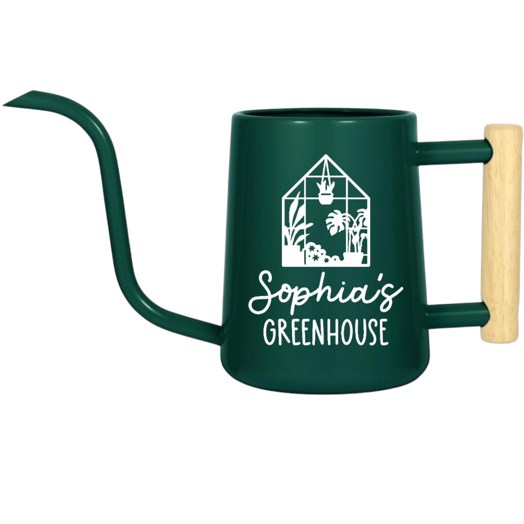 personalized watering can greenhouse custom pink for sale, elegant soft pink surface with personalized design option, lightweight durable metal with 2-gallon capacity, easy-grip handle with long reach spout, ideal for reaching hanging baskets and tall planters, beautiful gift for gardening friends