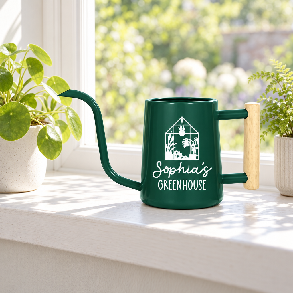 buy personalized watering can greenhouse custom gray online, sleek gray matte exterior with custom engraving details, rust-resistant steel construction with 2-gallon capacity, comfortable grip handle and controlled pour spout, perfect for precision plant watering, thoughtful gift for plant enthusiasts