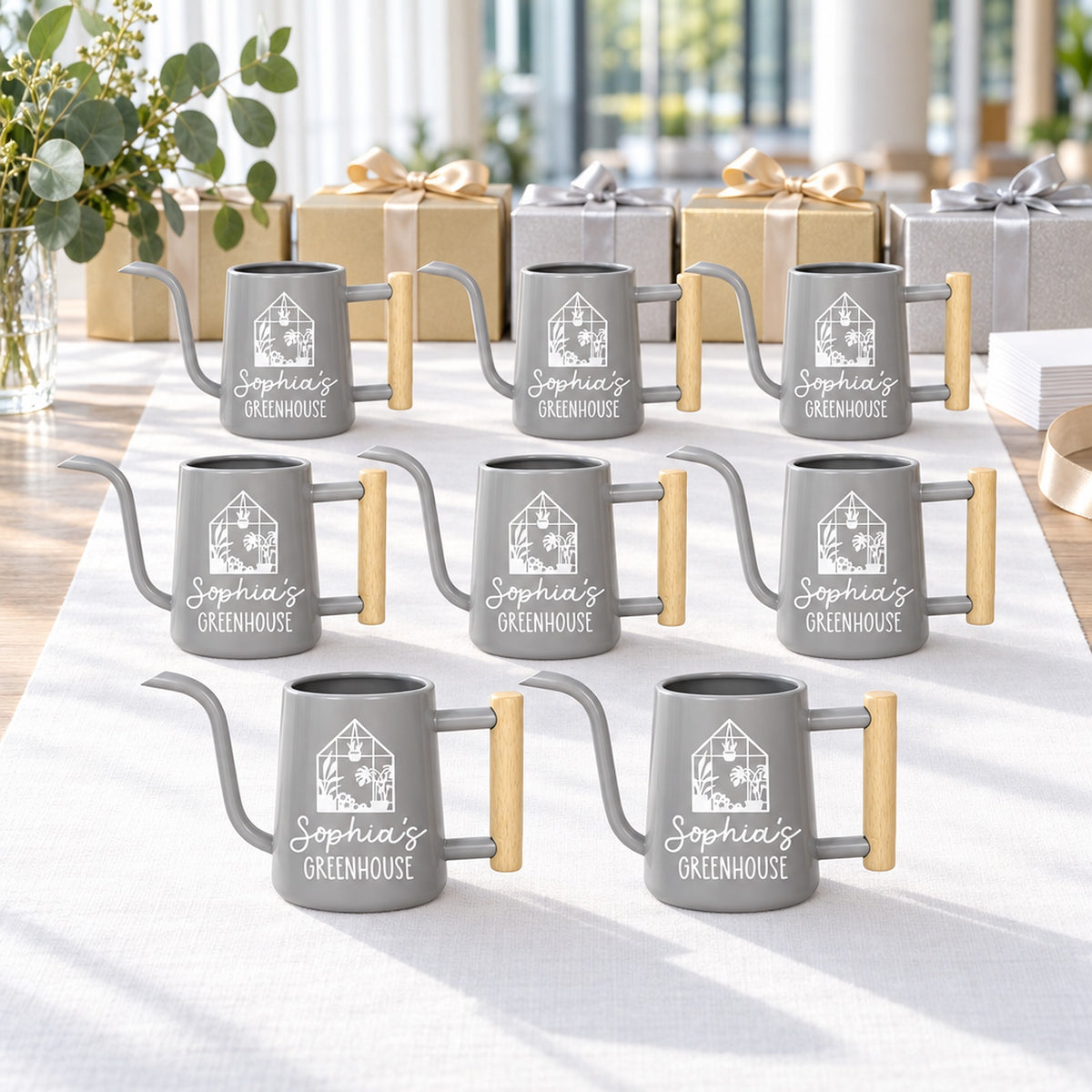 gray 5-pack personalized watering can greenhouse for sale, brushed aluminum, sophisticated gray finish, minimalist design, perfect for desk plants, stylish office gift