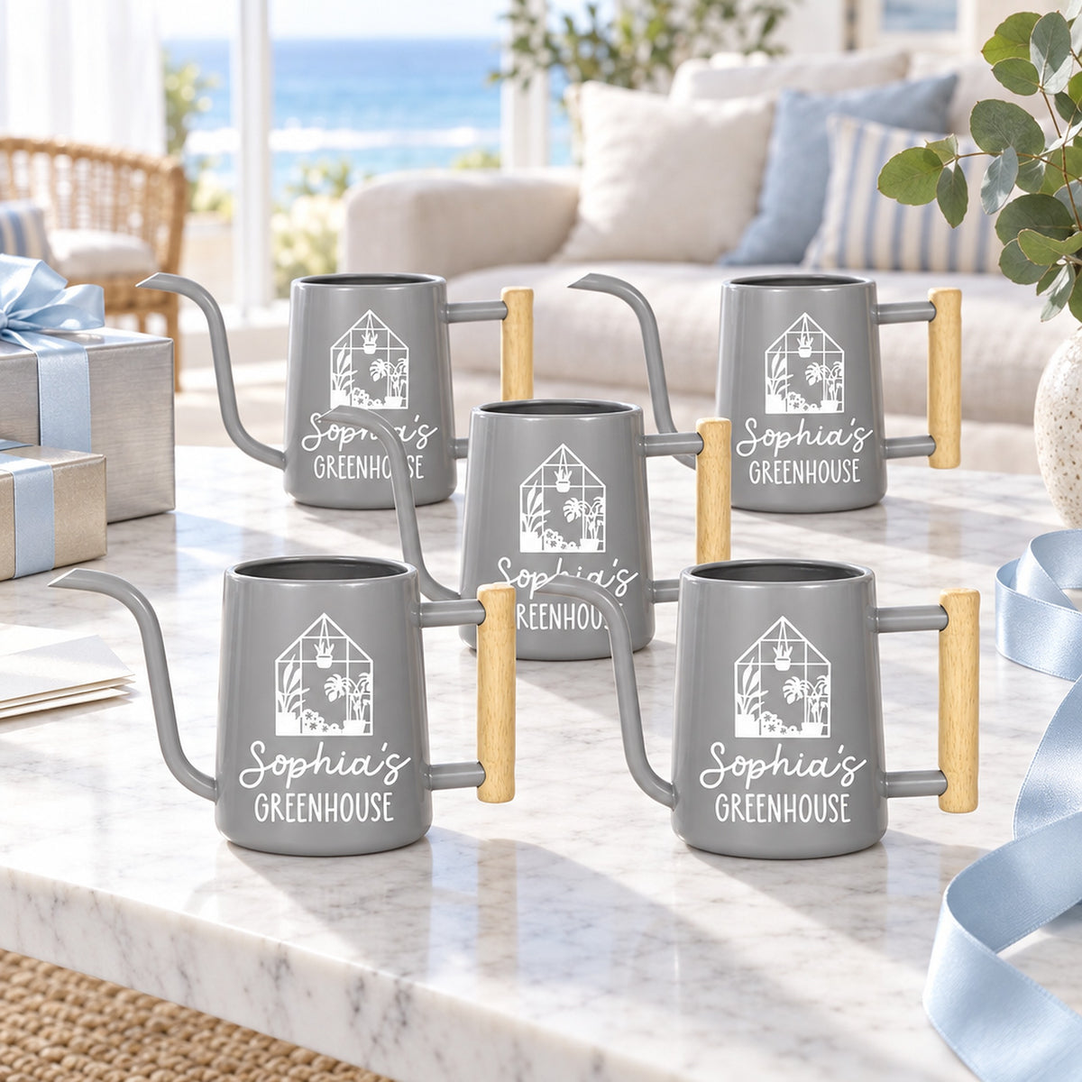 buy 5-pack personalized watering can greenhouse gray online, powder-coated metal, sleek gray tone, modern aesthetic, great for indoor plants, elegant home decor gift