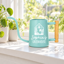 buy personalized watering can greenhouse custom black online, durable metal construction with custom engraving, available in black orange gray and pink color options, ergonomic spout design for precise watering, ideal for greenhouse gardening and outdoor plant care, unique gardening gift for plant enthusiasts