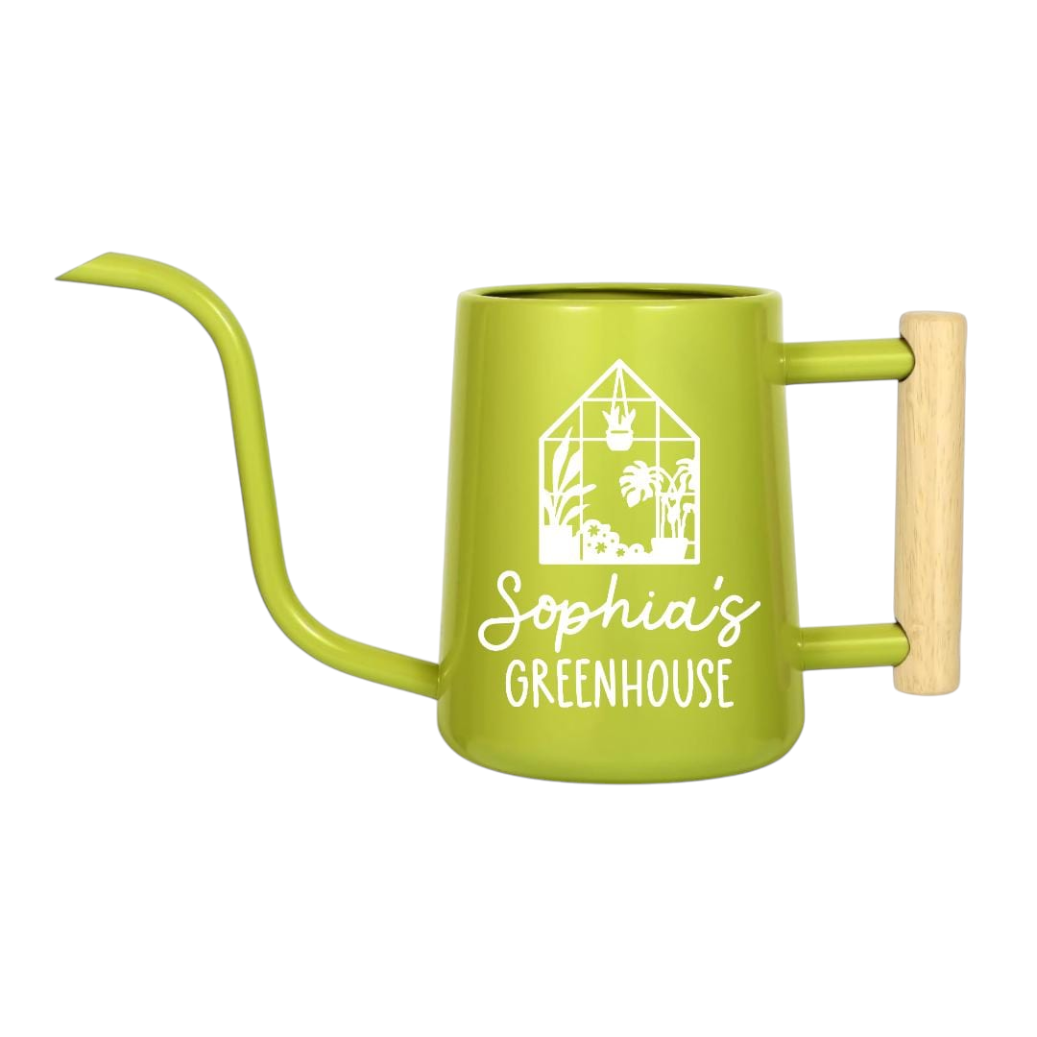 buy personalized watering can greenhouse custom black online, durable metal construction with custom engraving, available in black orange gray and pink color options, ergonomic spout design for precise watering, ideal for greenhouse gardening and outdoor plant care, unique gardening gift for plant enthusiasts