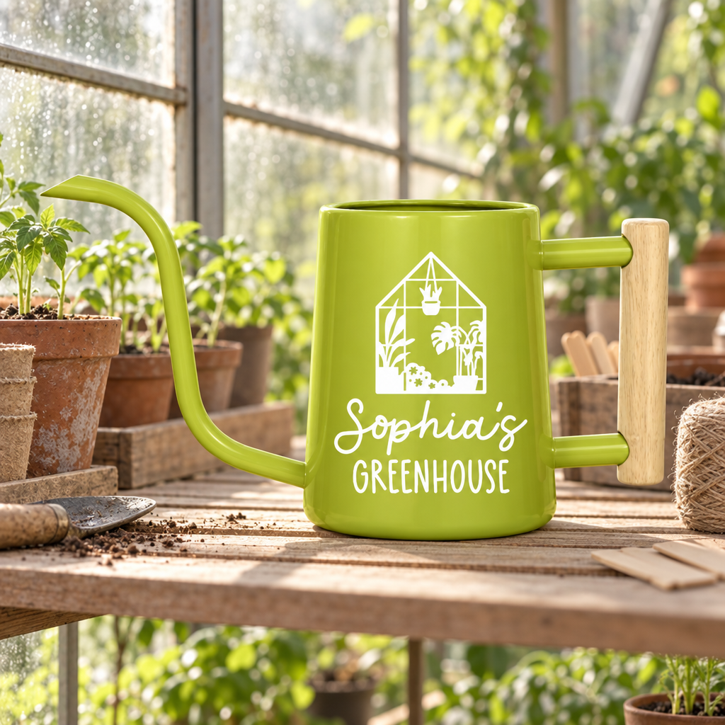 buy personalized watering can greenhouse custom gray online, understated gray finish with custom text engraving option, durable powder-coated metal exterior with 2-gallon capacity, precision long spout for accurate watering, perfect for decorative indoor plant displays, beautiful gift for plant collectors