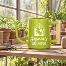 buy personalized watering can greenhouse custom black online, durable metal construction with custom engraving, available in black orange gray and pink color options, ergonomic spout design for precise watering, ideal for greenhouse gardening and outdoor plant care, unique gardening gift for plant enthusiasts