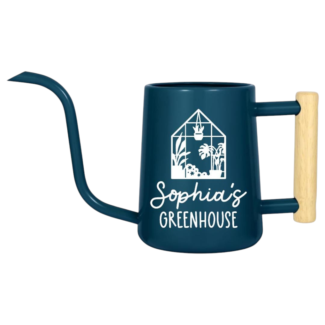 personalized watering can greenhouse custom pink for sale, charming soft pink powder-coated surface with personalized text, lightweight 2-gallon metal construction, gentle curved spout design, ideal for tender indoor plants and ferns, perfect gift for plant care enthusiasts