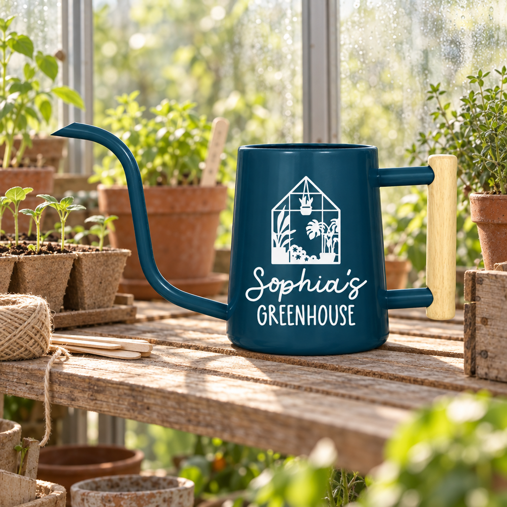 buy personalized watering can greenhouse custom gray online, sophisticated gray matte finish with custom greenhouse engraving, durable rust-resistant steel body, 2-gallon holding capacity with rose spray head, perfect for seedlings and transplants, beautiful gift for botanical enthusiasts