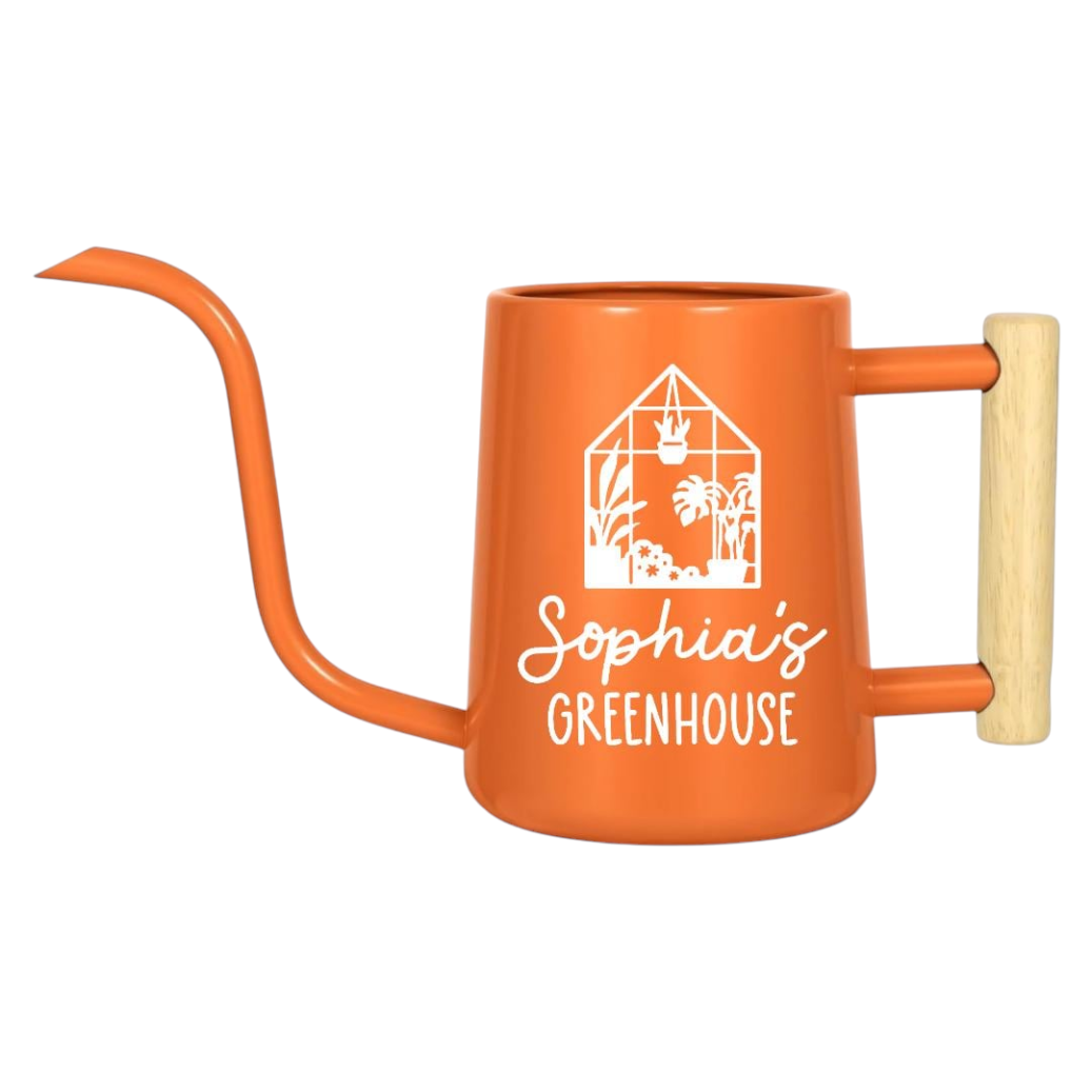 personalized watering can greenhouse custom orange for sale, bold orange exterior with personalized greenhouse graphics, 2-gallon galvanized metal construction, rose-style shower head attachment, ideal for tender seedlings and container plants, great gift for outdoor gardeners