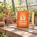 buy personalized watering can greenhouse custom black online, durable metal construction with custom engraving, available in black orange gray and pink color options, ergonomic spout design for precise watering, ideal for greenhouse gardening and outdoor plant care, unique gardening gift for plant enthusiasts