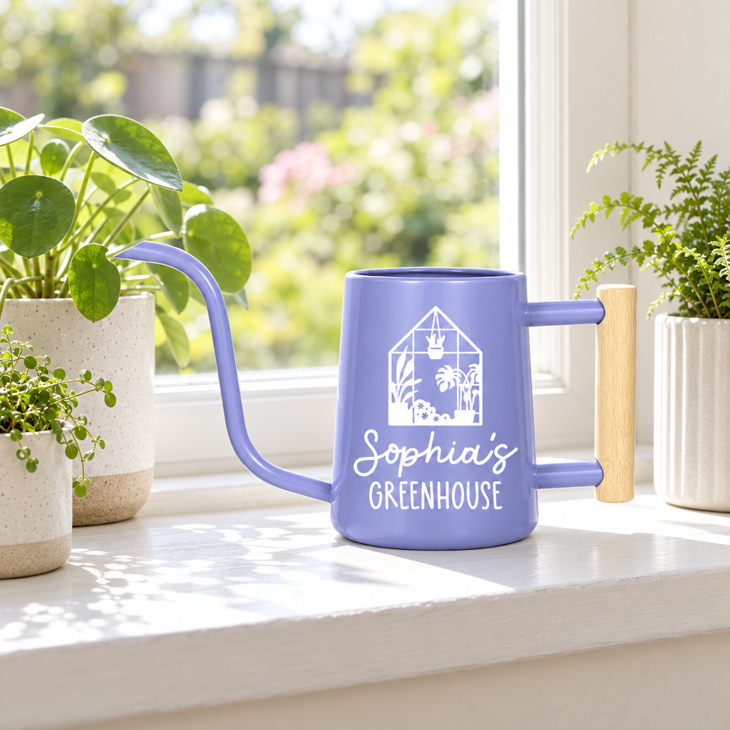 buy personalized watering can greenhouse custom black online, sleek black steel construction with custom greenhouse design, long curved spout for accurate water delivery, 2-gallon holding capacity, perfect for balcony gardens and patio plants, great gift for sustainable gardeners