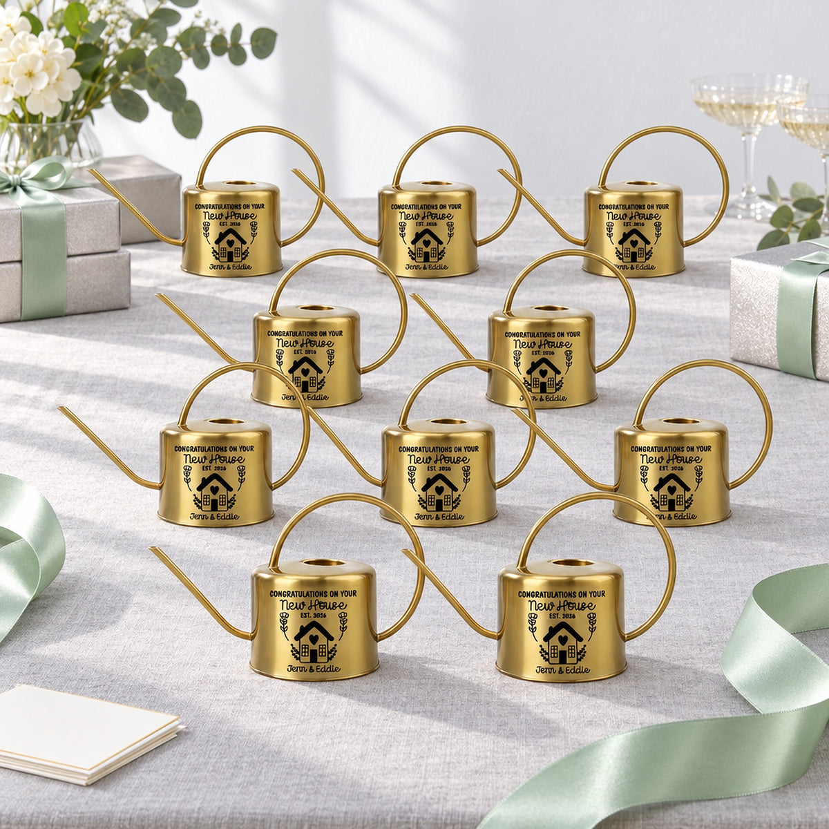 gold Pack of Personalized Watering Can - New Home for sale, durable metal construction, shiny gold exterior, ergonomic handle, perfect for delicate seedlings, great gardening gift