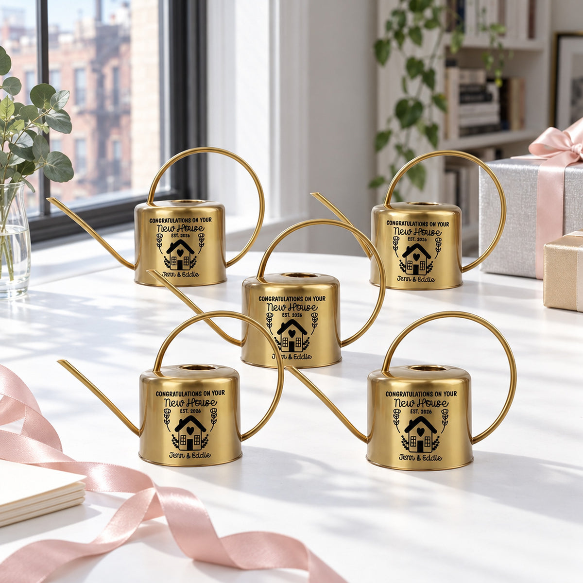 buy Pack of Personalized Watering Can - New Home gold pot online, elegant gold finish, compact size for small spaces, sleek modern design, ideal for indoor planters, beautiful housewarming gift