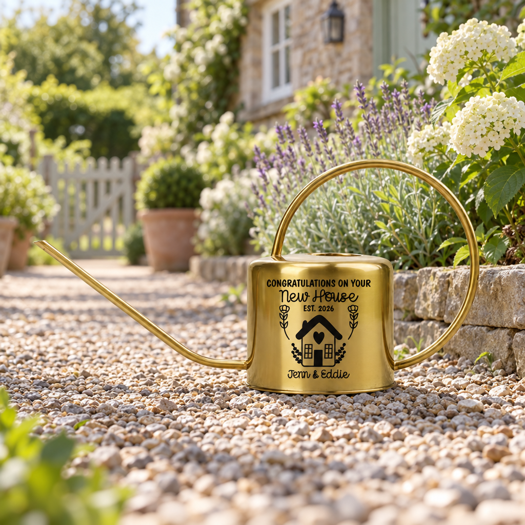 buy personalized watering can new home gold finish online, shimmering gold tone exterior with polished detailing, lightweight metal construction, sleek curved spout with ergonomic handle, ideal for indoor planters and potted arrangements, beautiful housewarming gift for new homeowners