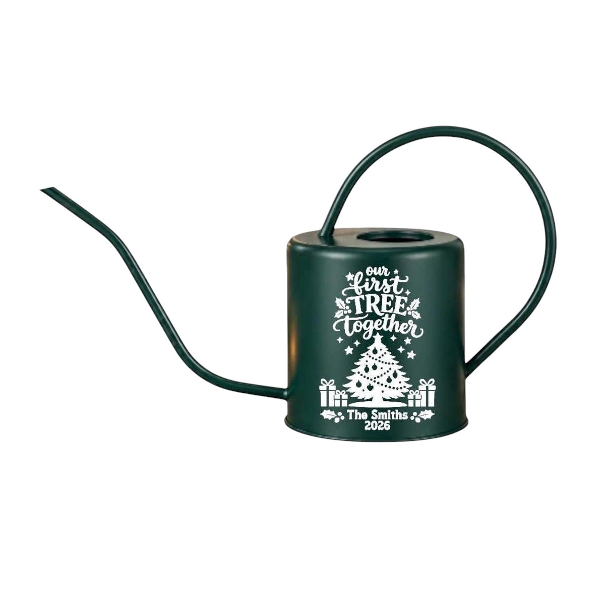 custom engraved personalized watering can our first tree together for sale, polished metal body with romantic tree motif and name customization, balanced form with long curved spout, available in a sleek silver tone finish, great for small houseplants and tabletop planters, unique personalized gift for newlyweds or couples celebrating a milestone