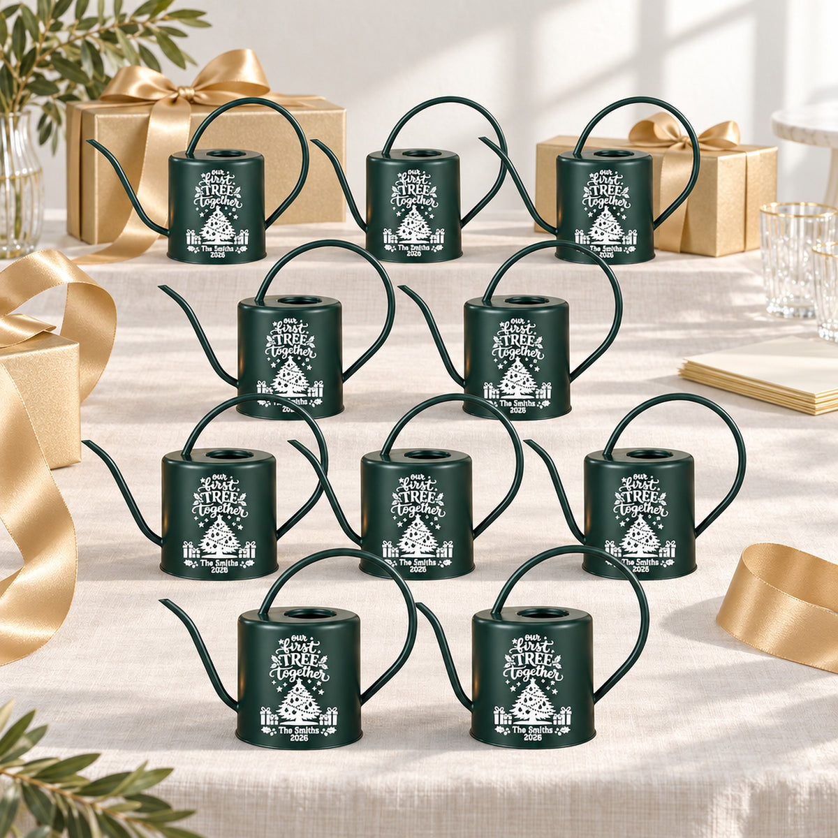 galvanized metal pack of personalized watering can - our first tree together 10-pack for sale, sturdy galvanized steel, vintage distressed finish, 1-liter volume, charming country aesthetic, great for balcony gardens, unique wedding gift for newlyweds