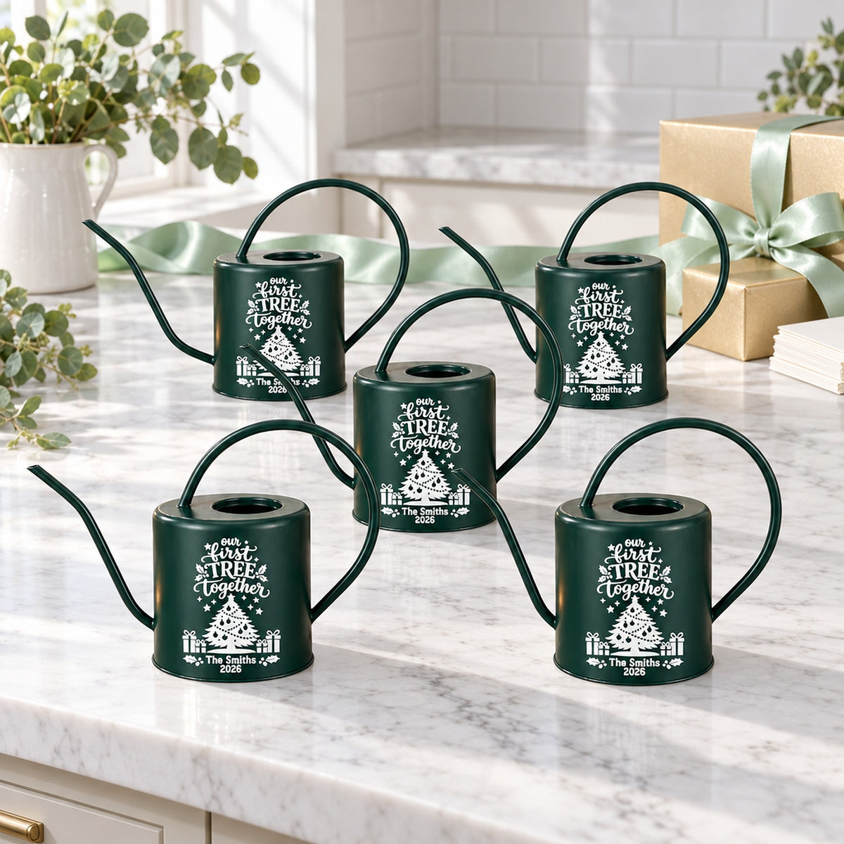 buy pack of personalized watering can - our first tree together 5-pack online, durable galvanized metal construction, classic green color, 1-liter capacity, rustic farmhouse style, ideal for small garden beds, thoughtful anniversary gift for couples