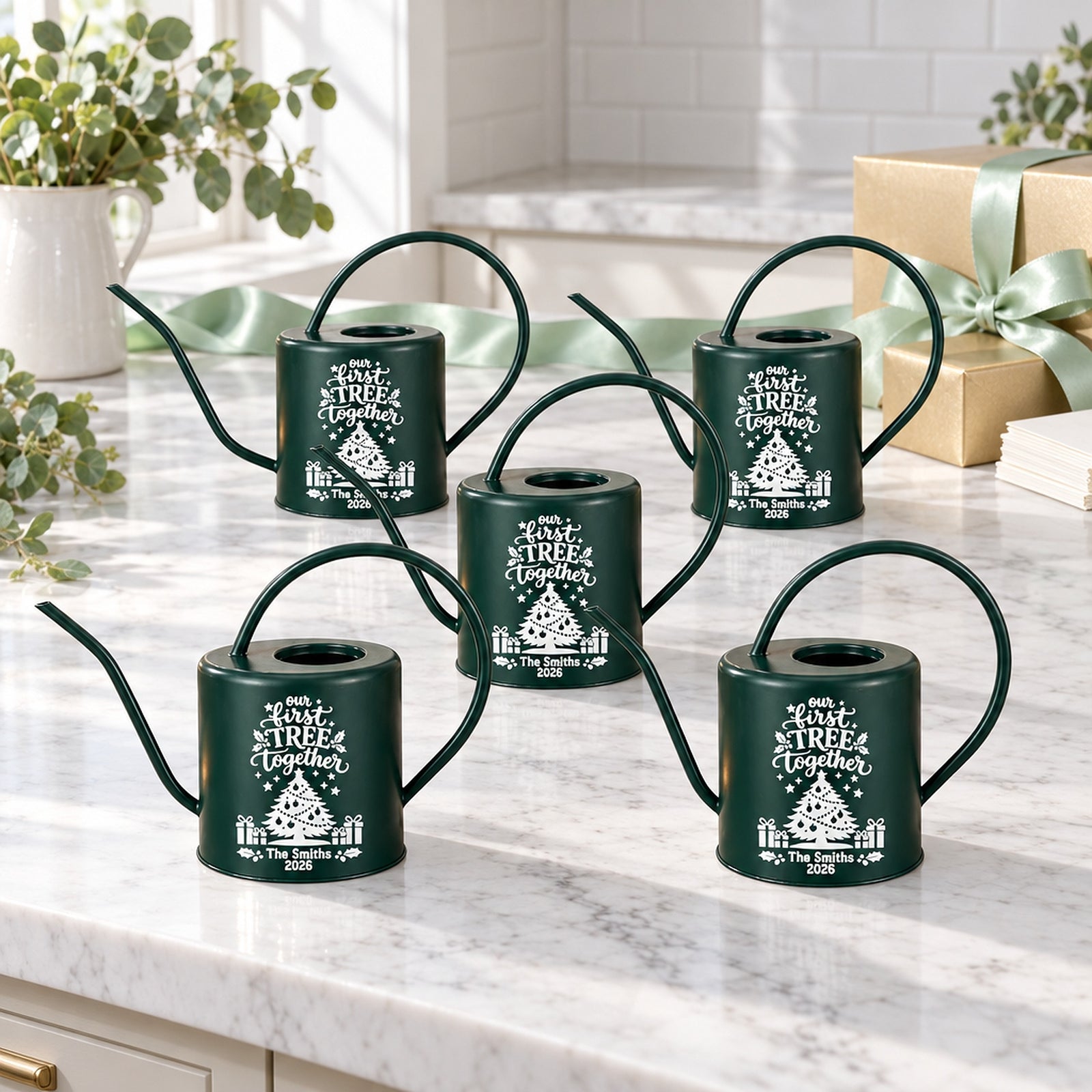 buy pack of personalized watering can - our first tree together 5-pack online, durable galvanized metal construction, classic green color, 1-liter capacity, rustic farmhouse style, ideal for small garden beds, thoughtful anniversary gift for couples