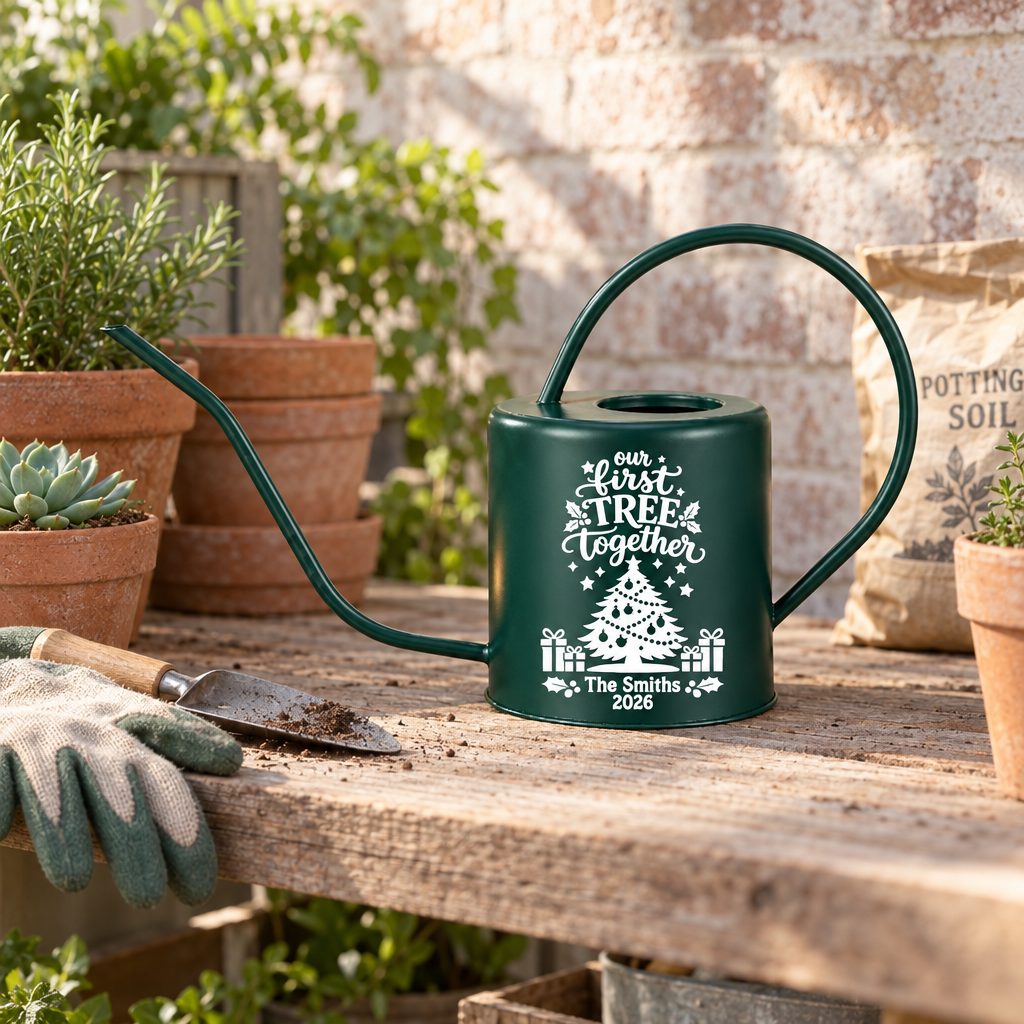 buy personalized watering can our first tree together custom engraved metal design online, brushed steel finish with personalized text detail, lightweight and ergonomic handle, compact spout for precise pouring, ideal for indoor planters and potted houseplants, makes a meaningful anniversary or couples gift